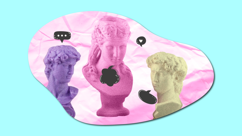 Imagen de estatuas simulando una conversación, utilizada para informar sobre el servicio de Comunicación estratégica que ofrece PINK LEMONComunicación estratégica PINK LEMON