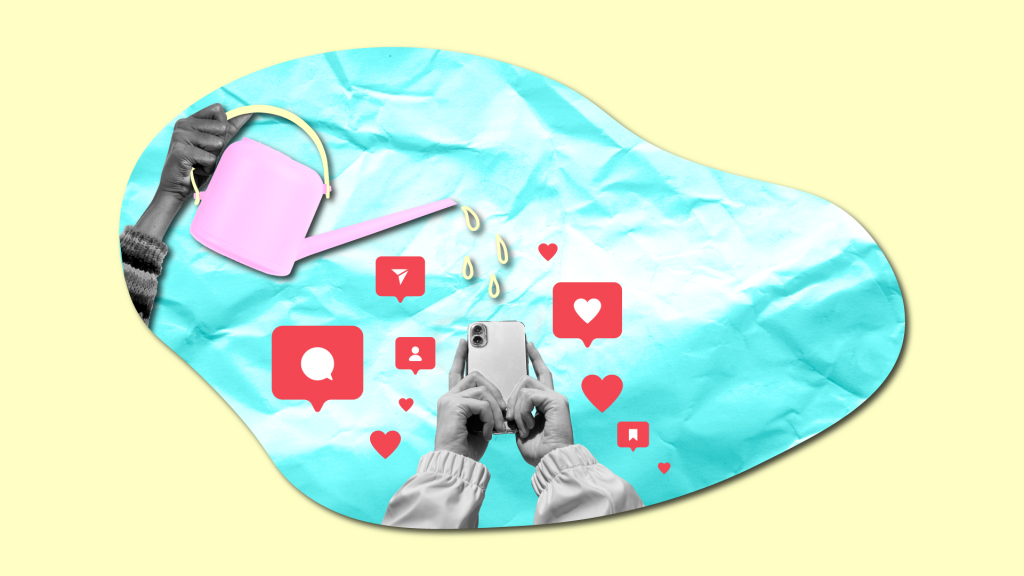 Imagen de un teléfono móvil que está siendo regado de "me gustas" y "mensajes" en redes sociales. Esta imagen se utiliza en relación con la publicidad digital que ofrece PINK LEMON